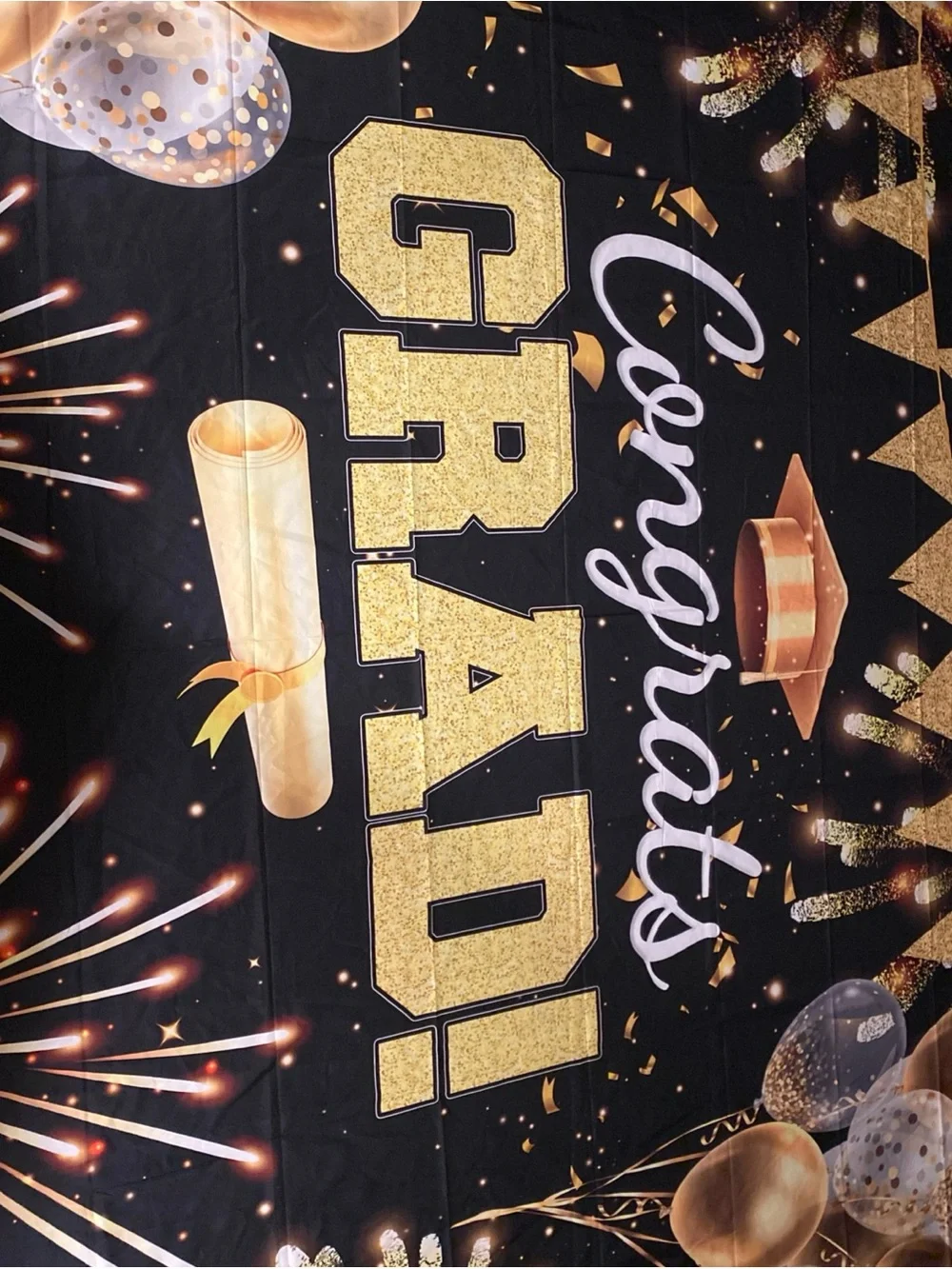 Congrats Grad! Black and Gold Graduation Party Backdrop Banner 243x180